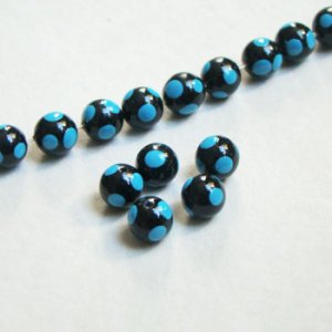 画像1: 4pcs 8mm "Black/Turquoise" polka dot beads